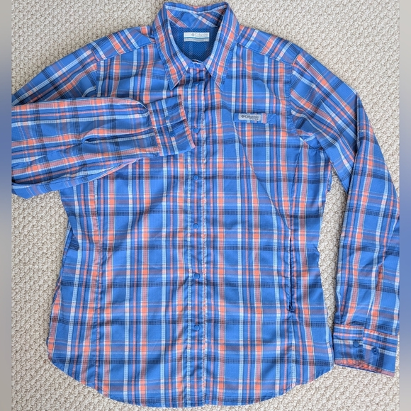 Columbia PFG Omni-Shade Long Sleeve Shirt Women's M Blue Coral Pink Plaid - Picture 9 of 16